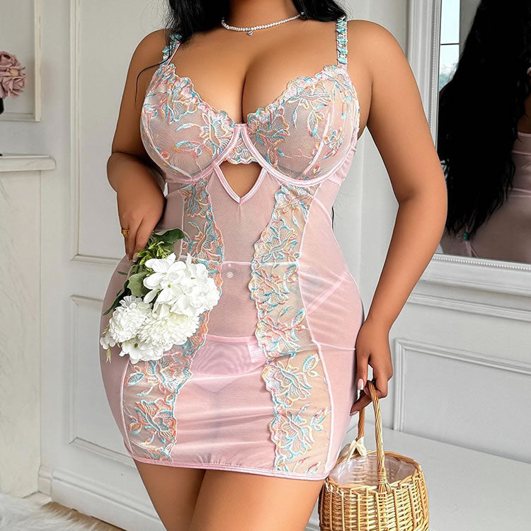 Plus Size Pink Sheer Chemise with Floral Embroidery