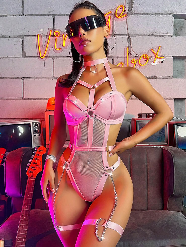 Pink Mesh Halter Bodysuit with Chain Garters