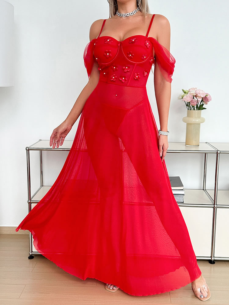 Red Off-Shoulder Puff Sleeve Lingerie Maxi Dress