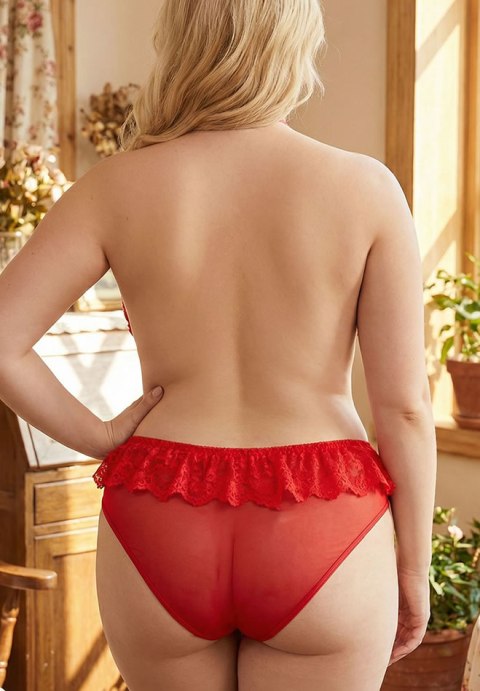 Plus Size Red Lace Halter Bodysuit with Ruffle Waist