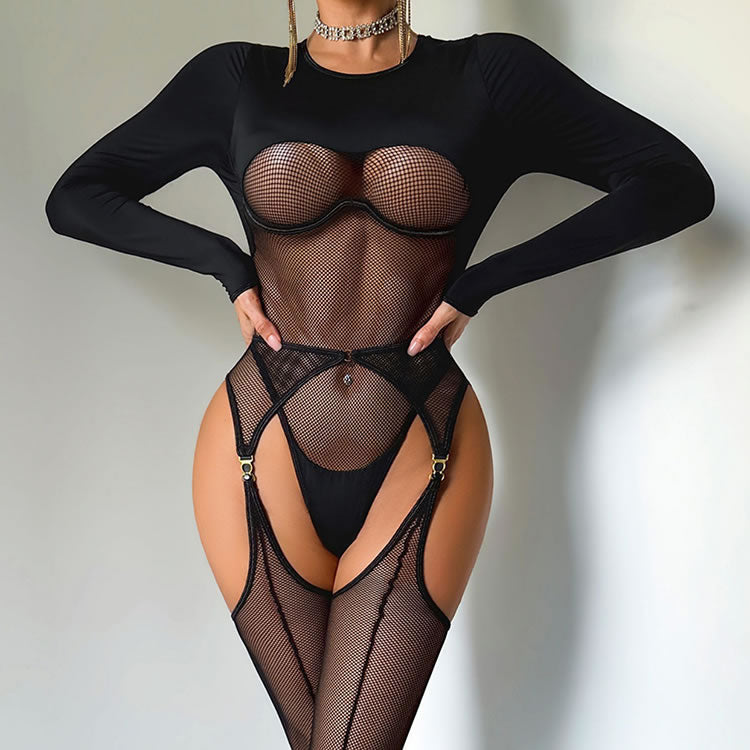 Black Long-Sleeve Fishnet Bodysuit with Garters & Stockings