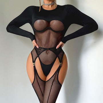 Black Long-Sleeve Fishnet Bodysuit with Garters & Stockings