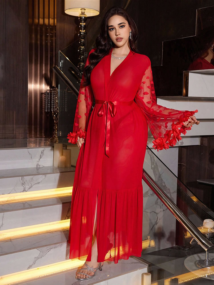 Plus Size Red Robe with Heart Applique Sleeves