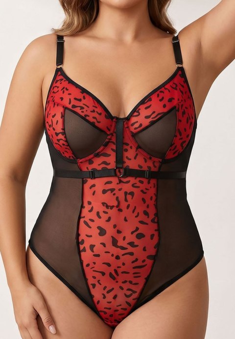 Plus Size Red Leopard Print Sheer Mesh Teddy
