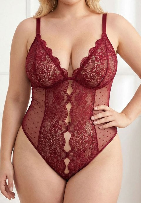 Plus size burgundy lace bodysuit with keyhole cutout