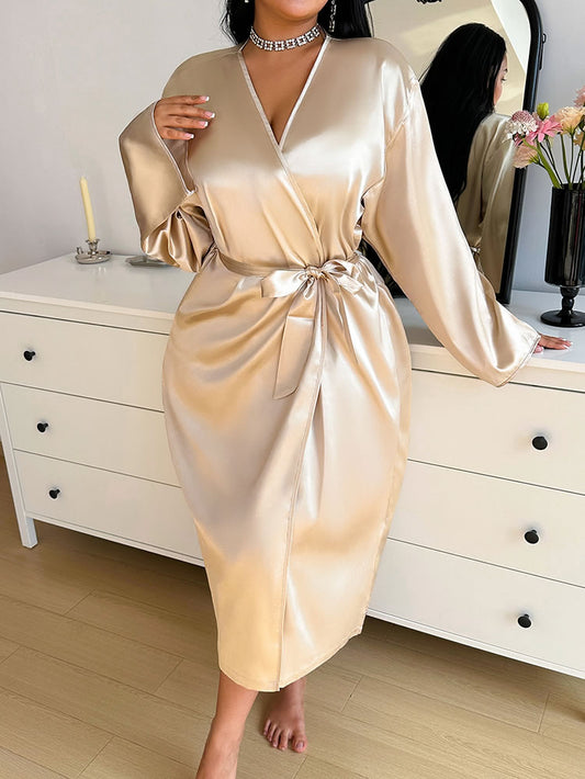 Plus Size Champagne Satin Wrap Robe