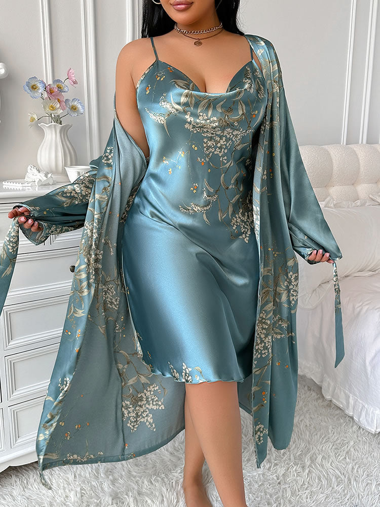 Plus Size Teal Satin Slip & Botanical Robe Set