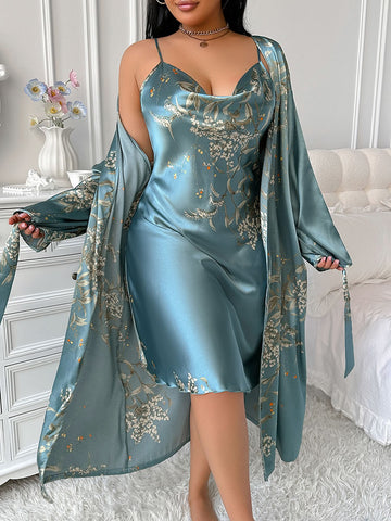 Plus Size Teal Satin Slip & Botanical Robe Set
