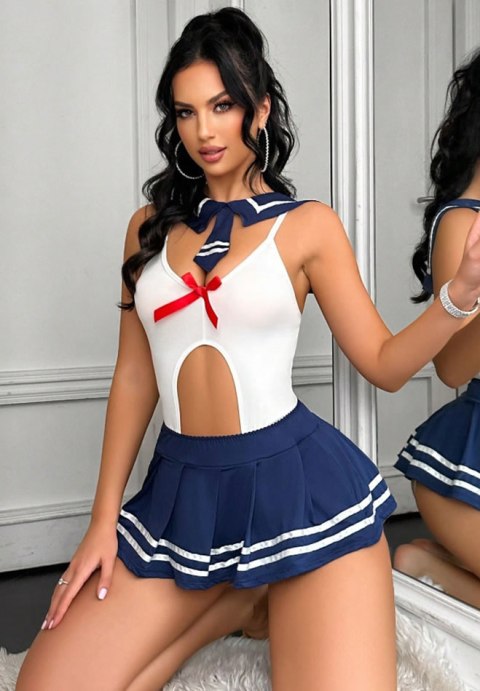 Sailor babydoll with red bow and striped navy skirt