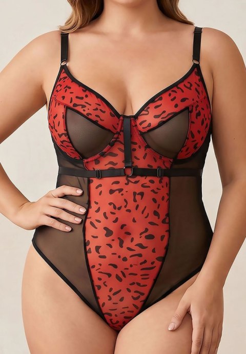 Plus size red leopard print sheer mesh teddy