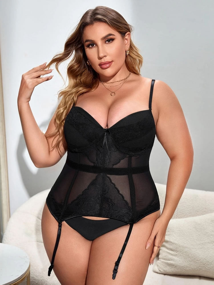 Plus Size Black Lace Bustier with Garters & G-String