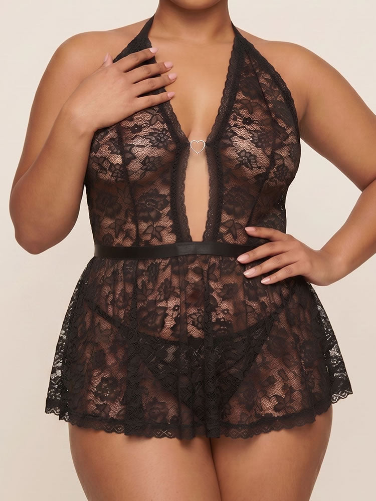Plus Size Black Halter Lace Babydoll with Heart Ring