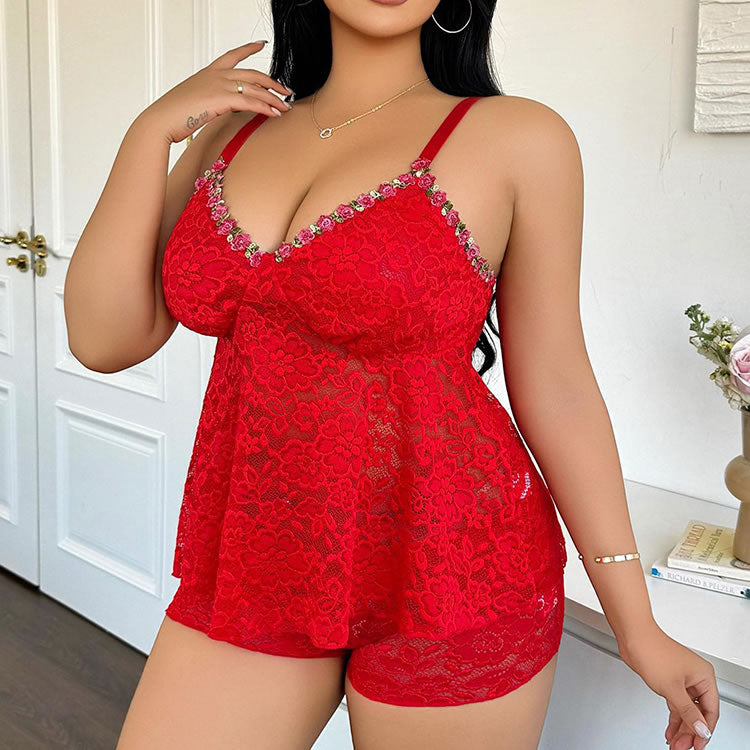 Plus Size Red Lace Babydoll and Short Set