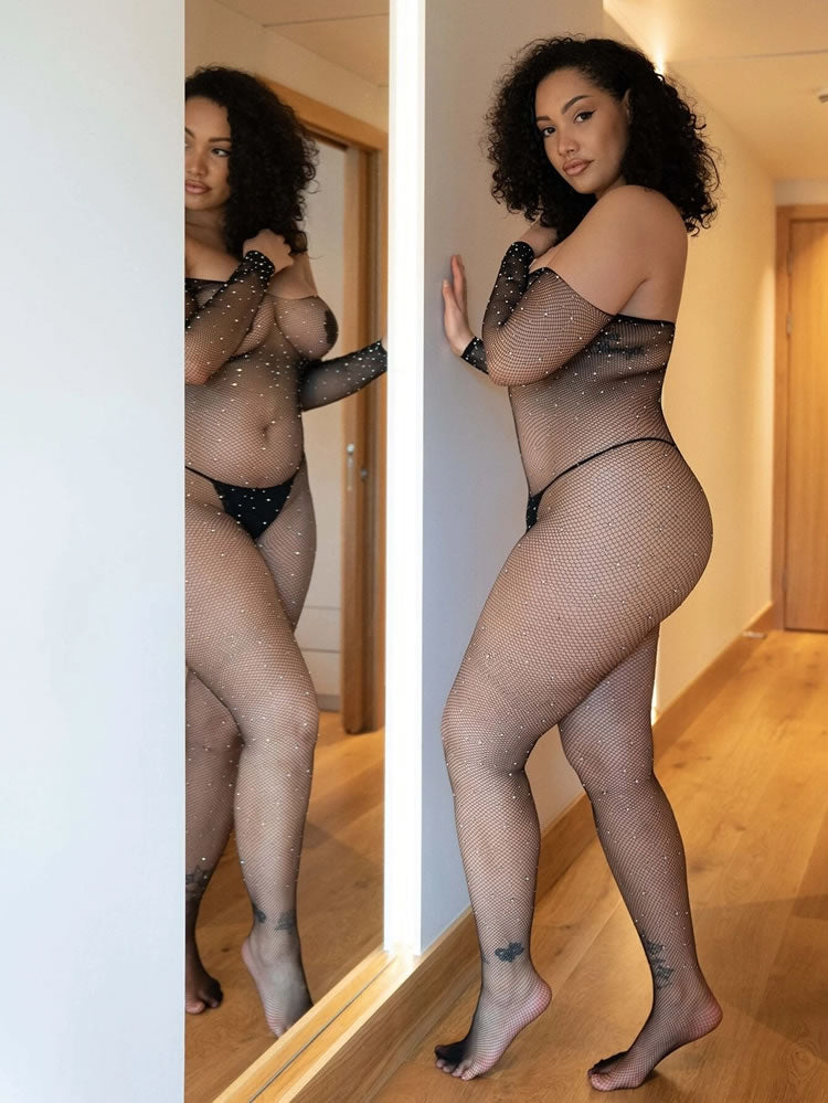 Plus Size Rhinestone Diamond Fishnet Bodystocking