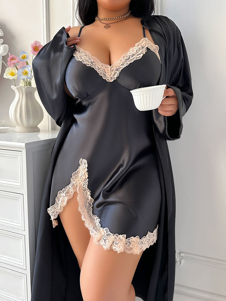 Completo vestaglia e camicia da notte in raso nero e pizzo taglie forti
