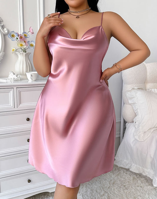 Plus Size Pink Satin V-Neck Slip Nightgown