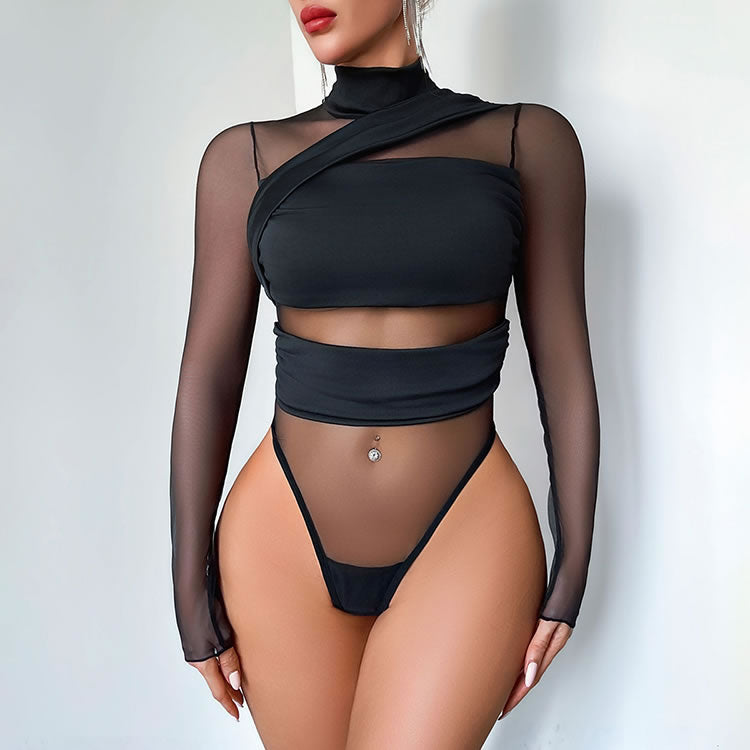 Black Sheer Mesh Bodysuit with Mock Neck