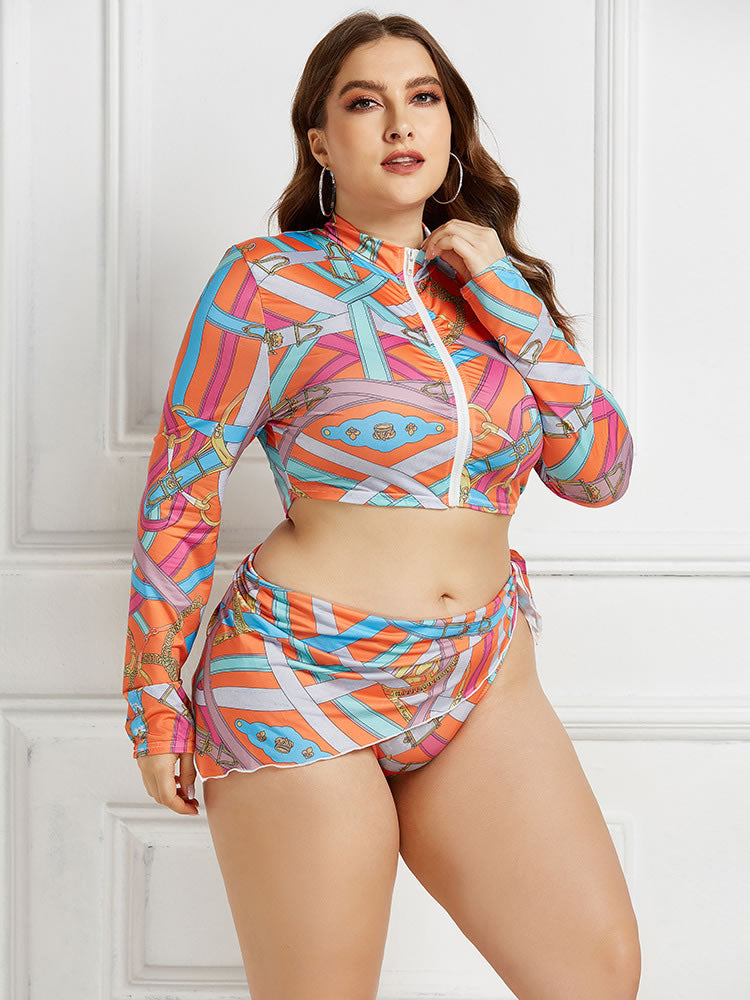 Plus Size Orange Print Zip Front 3-Piece Tankini