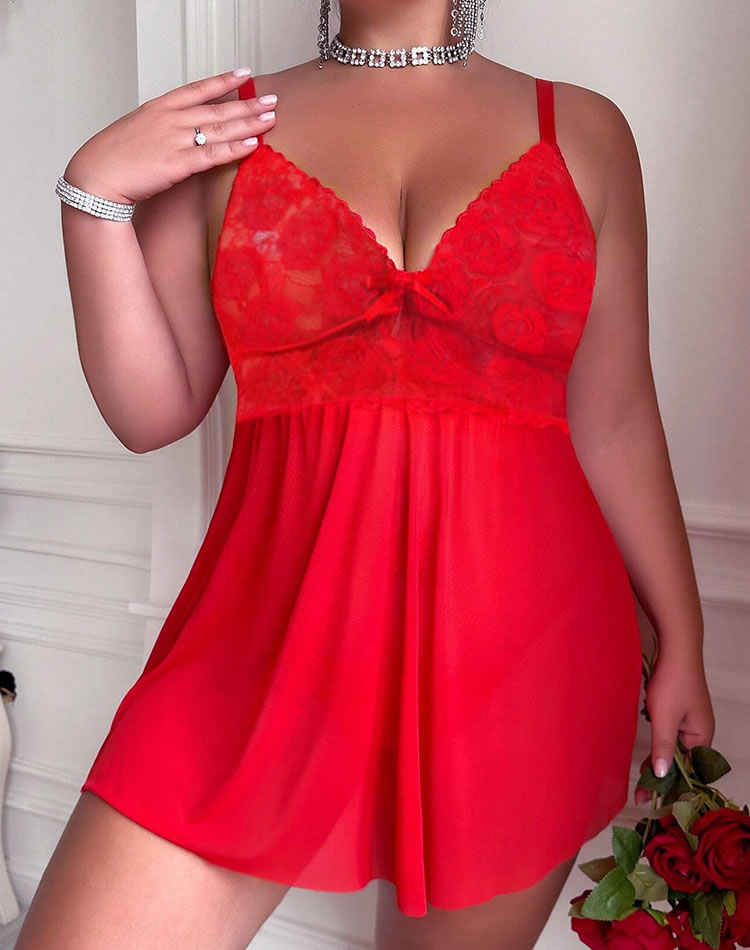 Plus Size Red Lace Babydoll Set with Satin Bows