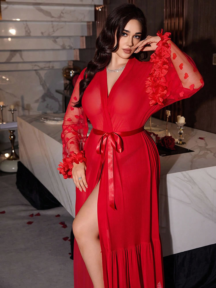 Plus Size Red Robe with Heart Applique Sleeves