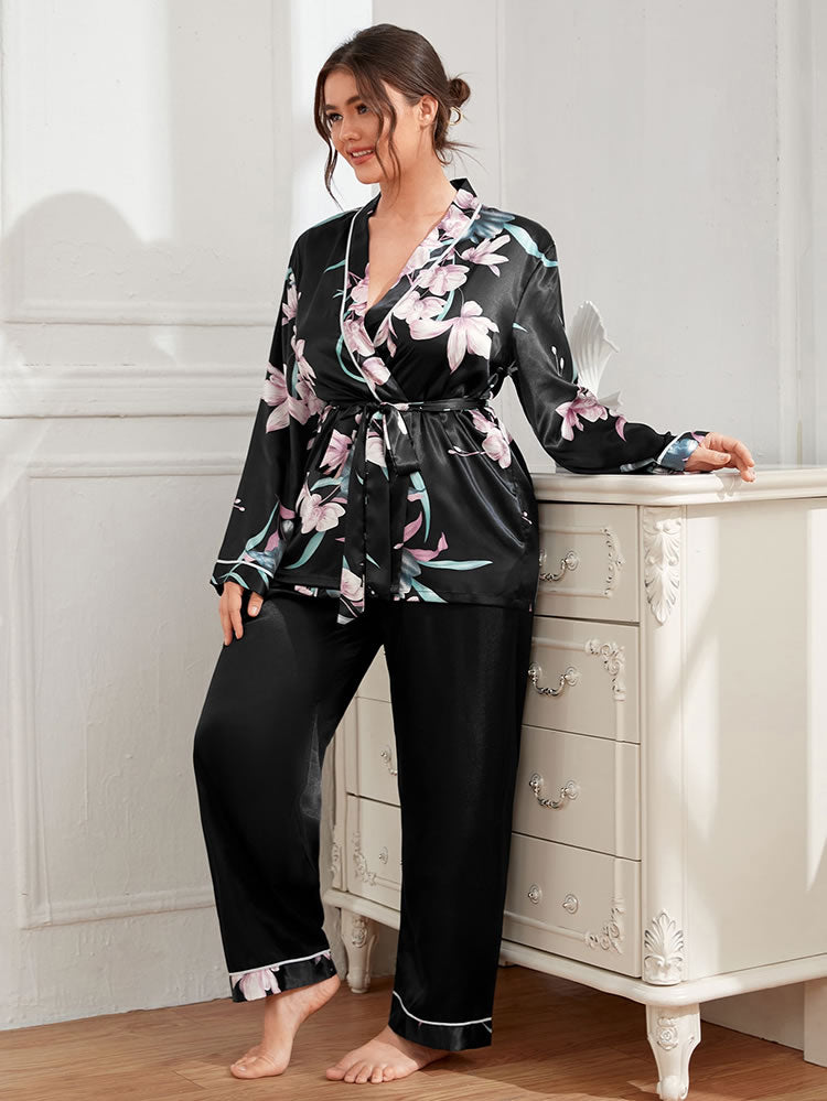 Plus Size Black Pajama Set with Floral Wrap Top