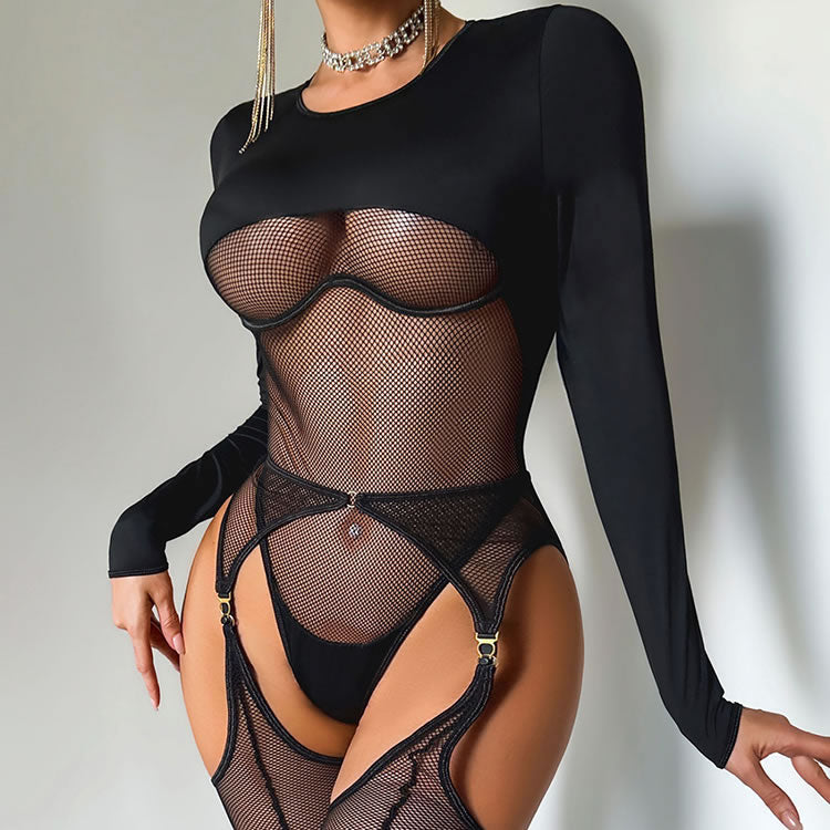 Black Long-Sleeve Fishnet Bodysuit with Garters & Stockings