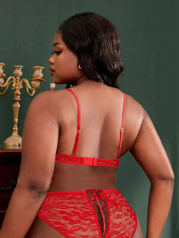 Plus Size Red Lace Teddy with Lace-Up Back