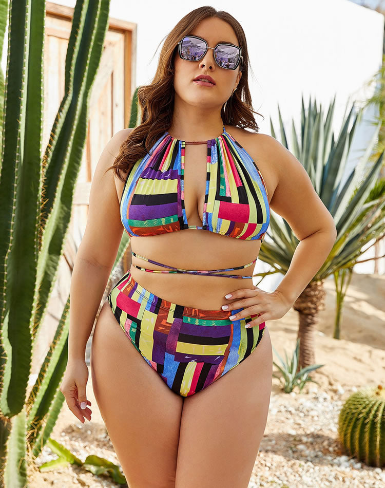 Plus Size Printed Halter Strappy Bikini Set