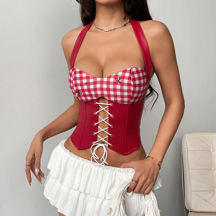 Red Gingham Halter Corset with Lace-Up Front