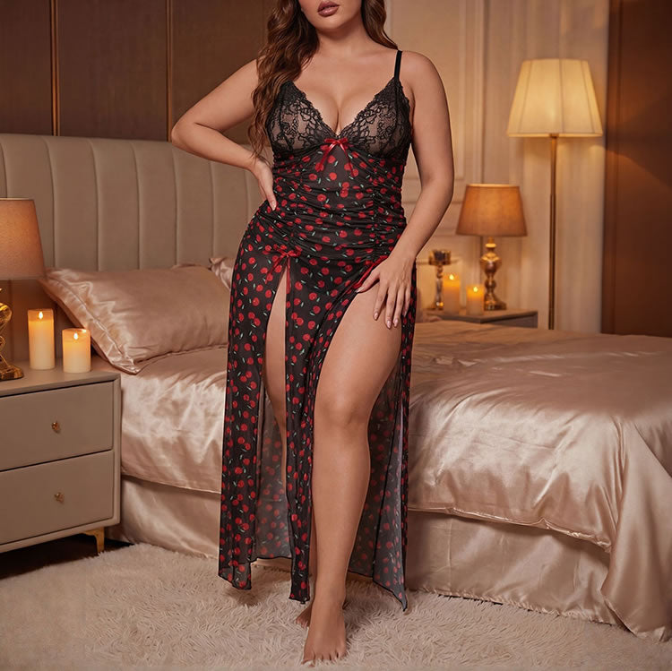 Plus Size Black Cherry Print Long Nightgown