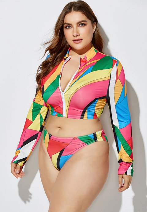Plus Size Yellow Print Long Sleeve 3-Piece Swimsuit