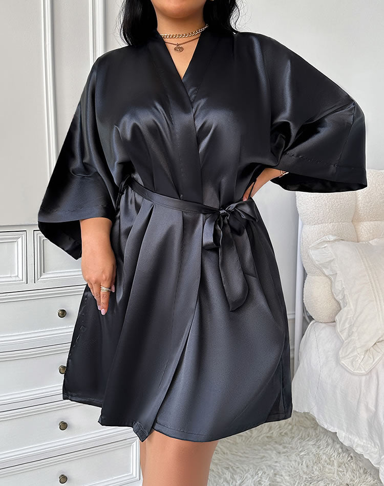 Plus Size Black Satin Wide Sleeve Kimono Robe