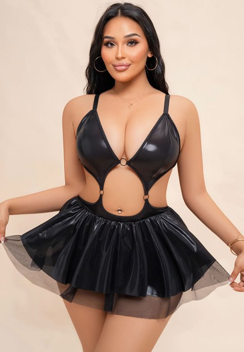 Plus Size Black Faux Leather Cutout Chemise