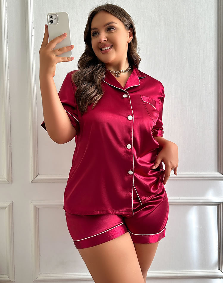 Plus Size Red Satin Button Top & Shorts Sleep Set