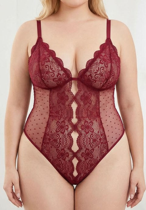 Plus Size Burgundy Lace Bodysuit with Keyhole Cutout