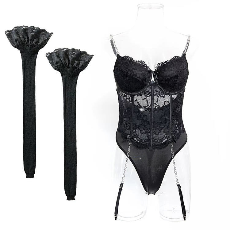 Lace Corset Bodysuit with Chain Straps, Garters & Fishnet Stockings