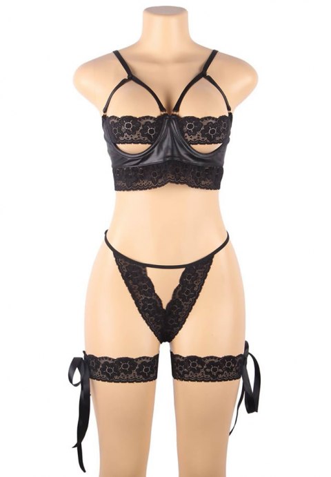 Plus Size Black Strappy Open-Cup Bra Set with Leg Garters