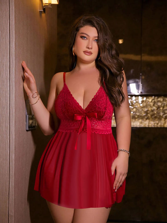 Plus Size Burgundy Lace Chemise with Bow & Mesh Skirt