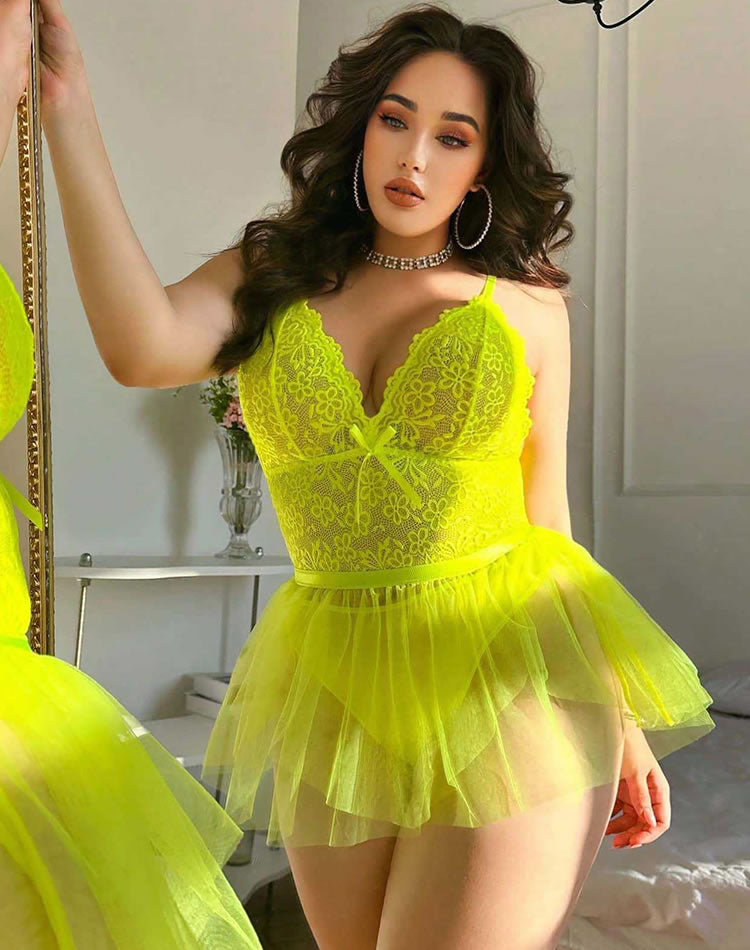 Plus Size Neon Yellow Lace Babydoll with Tulle Skirt