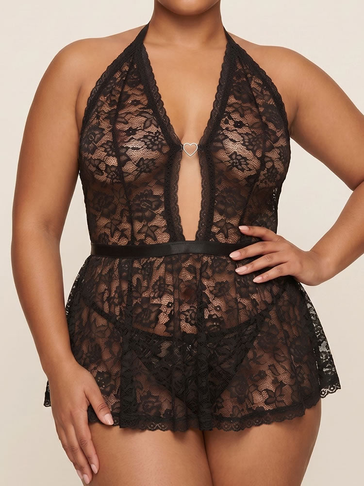 Plus Size Black Halter Lace Babydoll with Heart Ring
