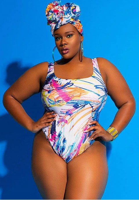 Plus Size Colorful Abstract Print One Piece Swimsuit