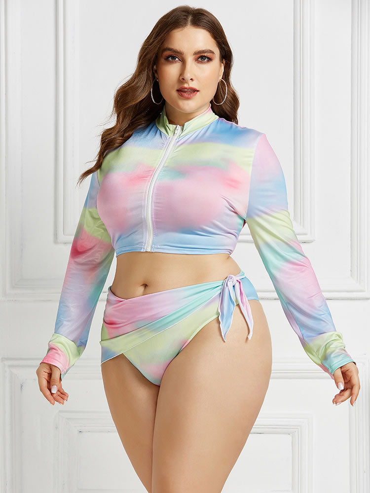Plus Size Pink Print Zip Front 3-Piece Tankini