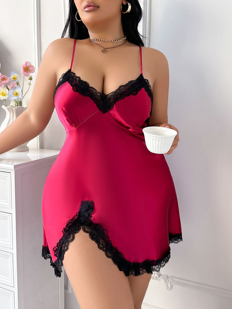 Plus Size Satin Chemise with Black Lace Trim