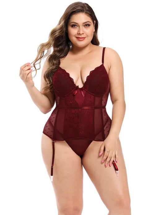 Plus Size Blue Lace Bustier Set with Garters