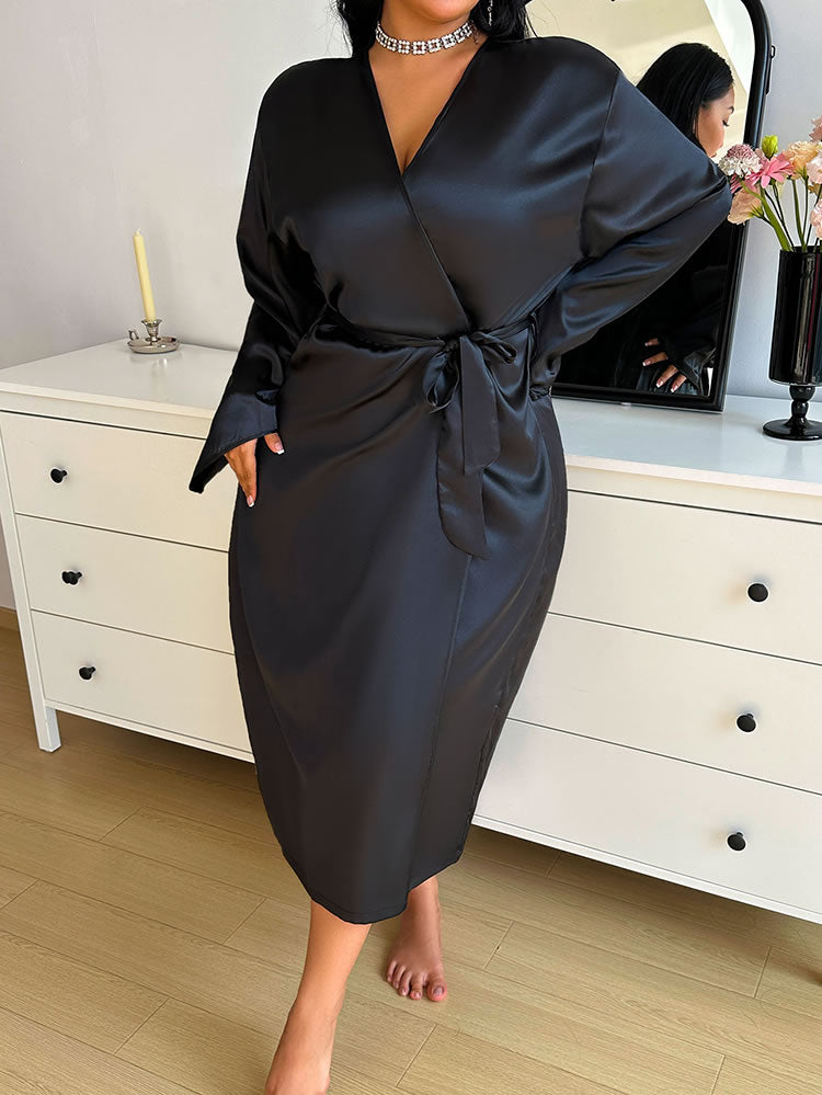 Plus Size Black Satin Kimono Robe