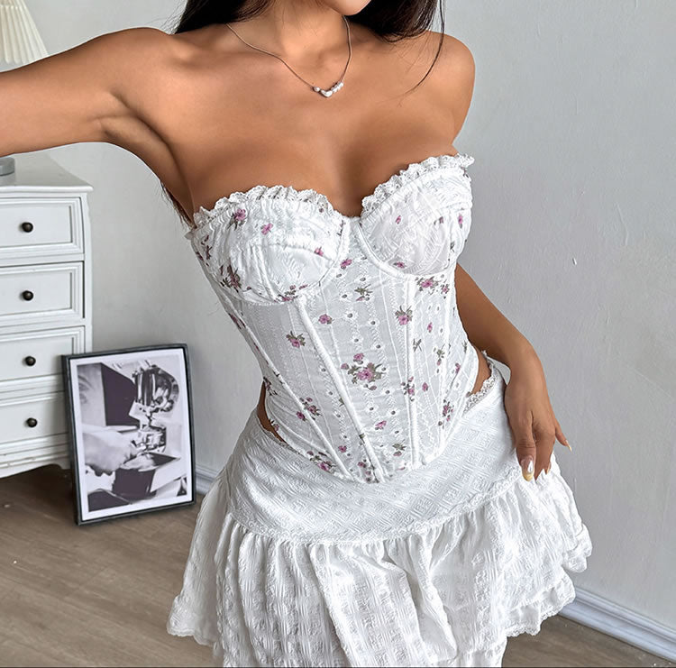 White Floral Ruffle Sweetheart Corset