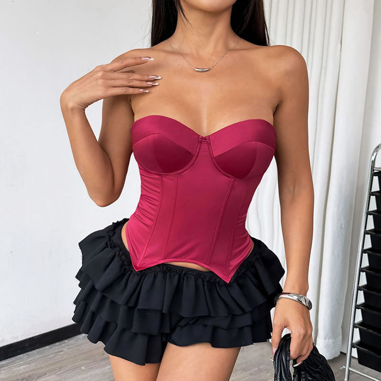 Magenta Strapless Corset Top with Lace-Up Back