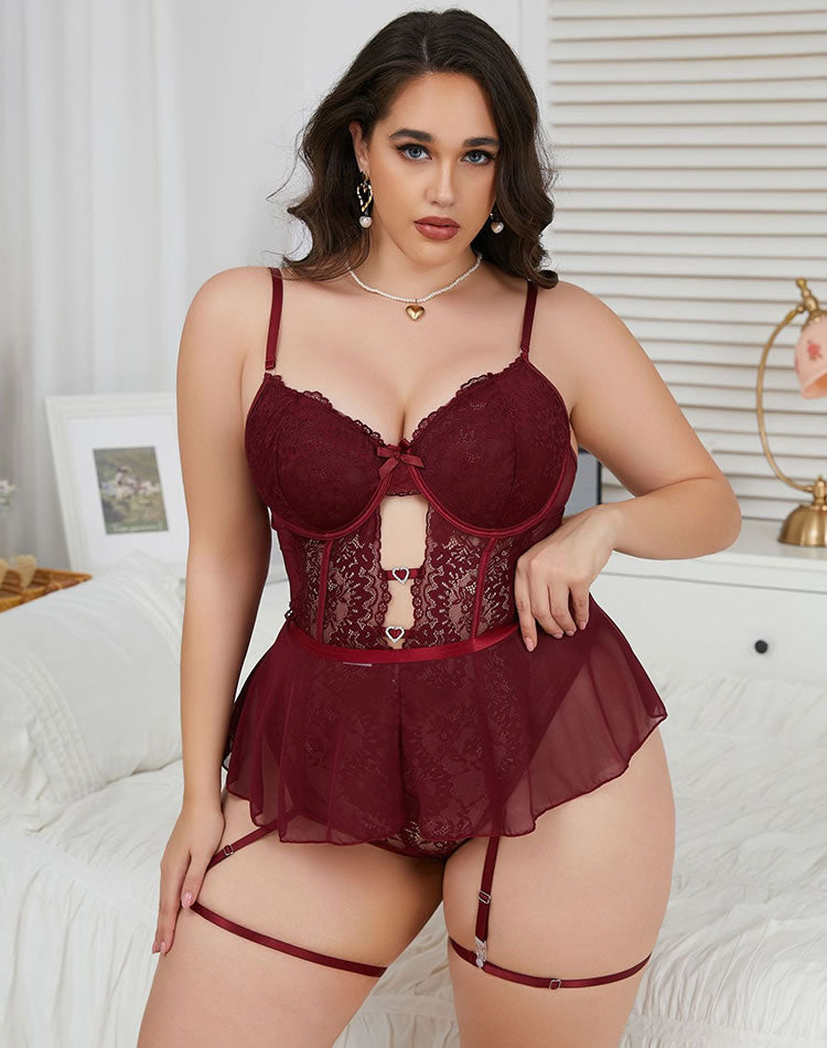 Plus Size Burgundy Lace & Mesh Teddy