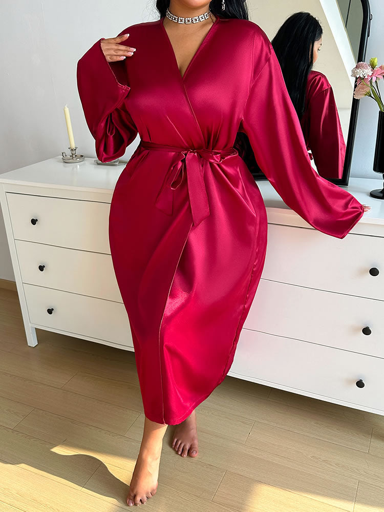 Plus Size Red Satin Long Sleeve Robe