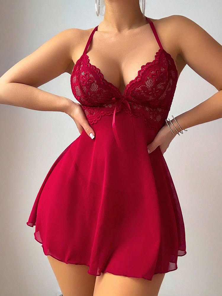 Burgundy Lace Deep-V Babydoll with Chiffon Skirt